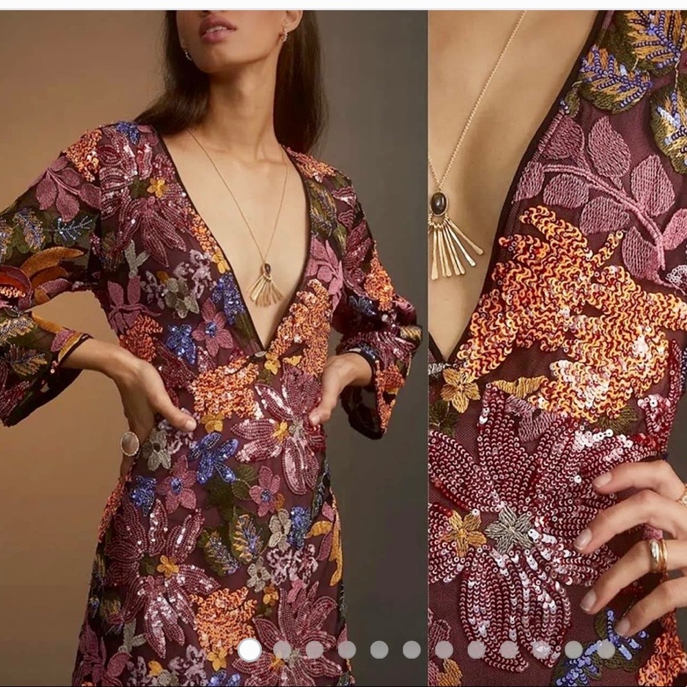 NEW 16 Anthropologie Sequin Embroidered Mini Dress Floral Pattern V-Neck OBO